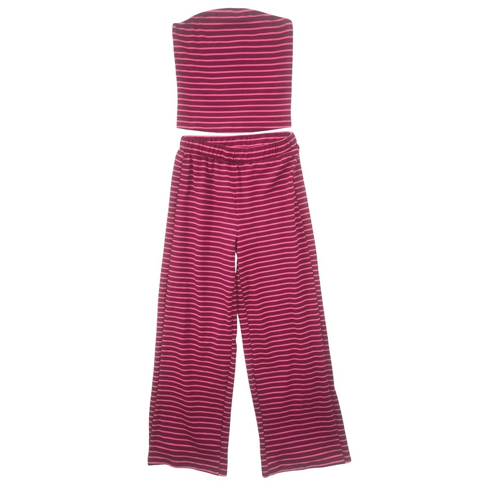 SHEIN Striped 2 Piece Set Size M Pink Burgundy Ribbed Tube Top Wide Leg Y2K